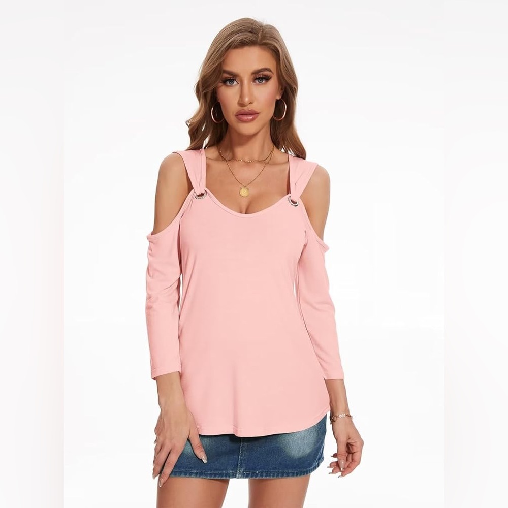 Casual Women's V Neck 3/4 Sleeve Shirts Cold Shoulder Top
